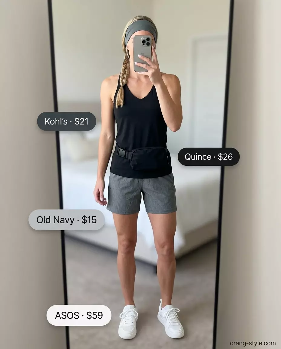 Athleisure summer v-neck tank outfit for women 2026: Black tank, grey shorts, white sneakers, headband, belt bag.