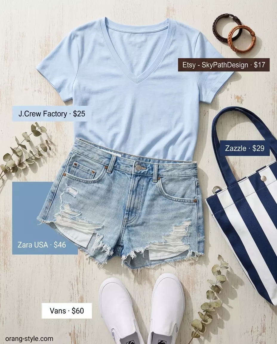 Casual beach day outfit with light blue v-neck tee, distressed denim shorts, and canvas tote. Summer v-neck outfits women 2026.