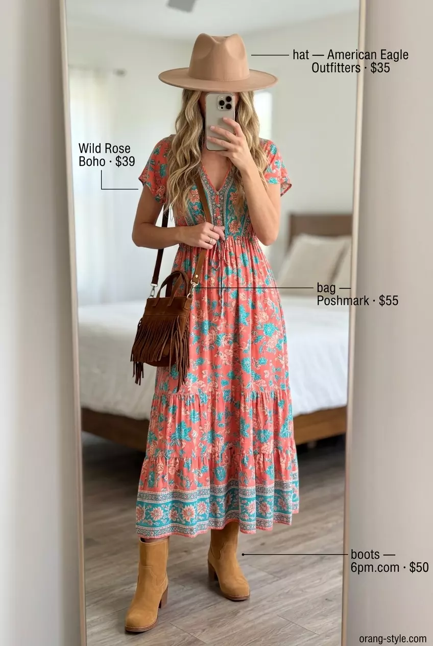 Boho summer dress outfit: floral v-neck maxi dress, suede boots, wide-brimmed hat. Summer v-neck outfits women 2026.