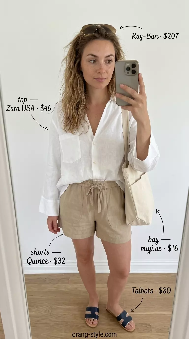 Casual linen outfit: oversized white v-neck shirt, beige linen shorts, leather slides. Summer v-neck outfits women 2026.