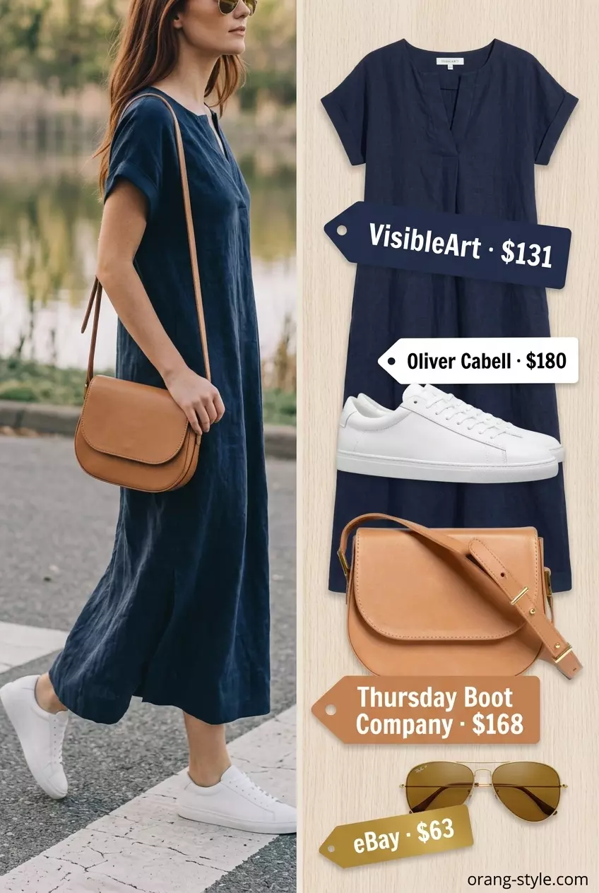 Chic summer v-neck outfits women 2026: Navy linen midi dress with white sneakers for daytime.