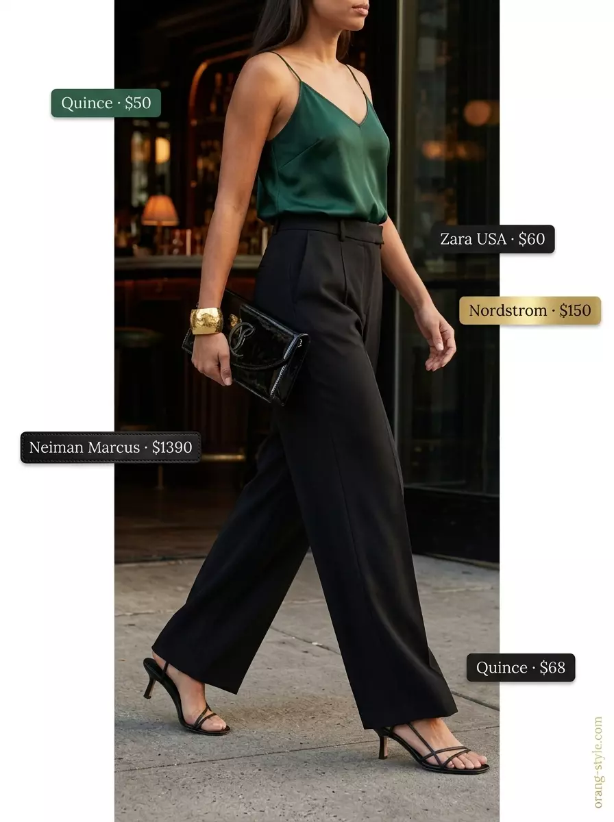 Sophisticated summer v-neck outfit for women 2026: Emerald green satin cami, black wide-leg trousers, gold cuff.