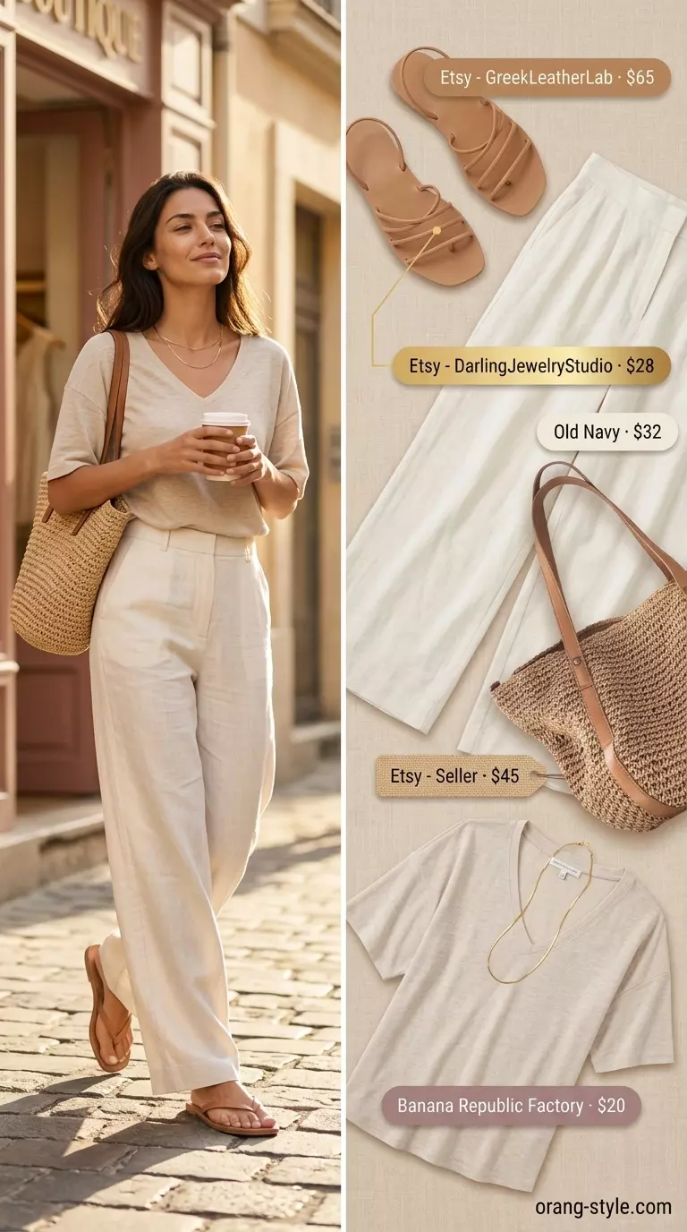 Effortless summer v-neck outfits women 2026: Off-white linen tee with wide-leg pants for beach day.