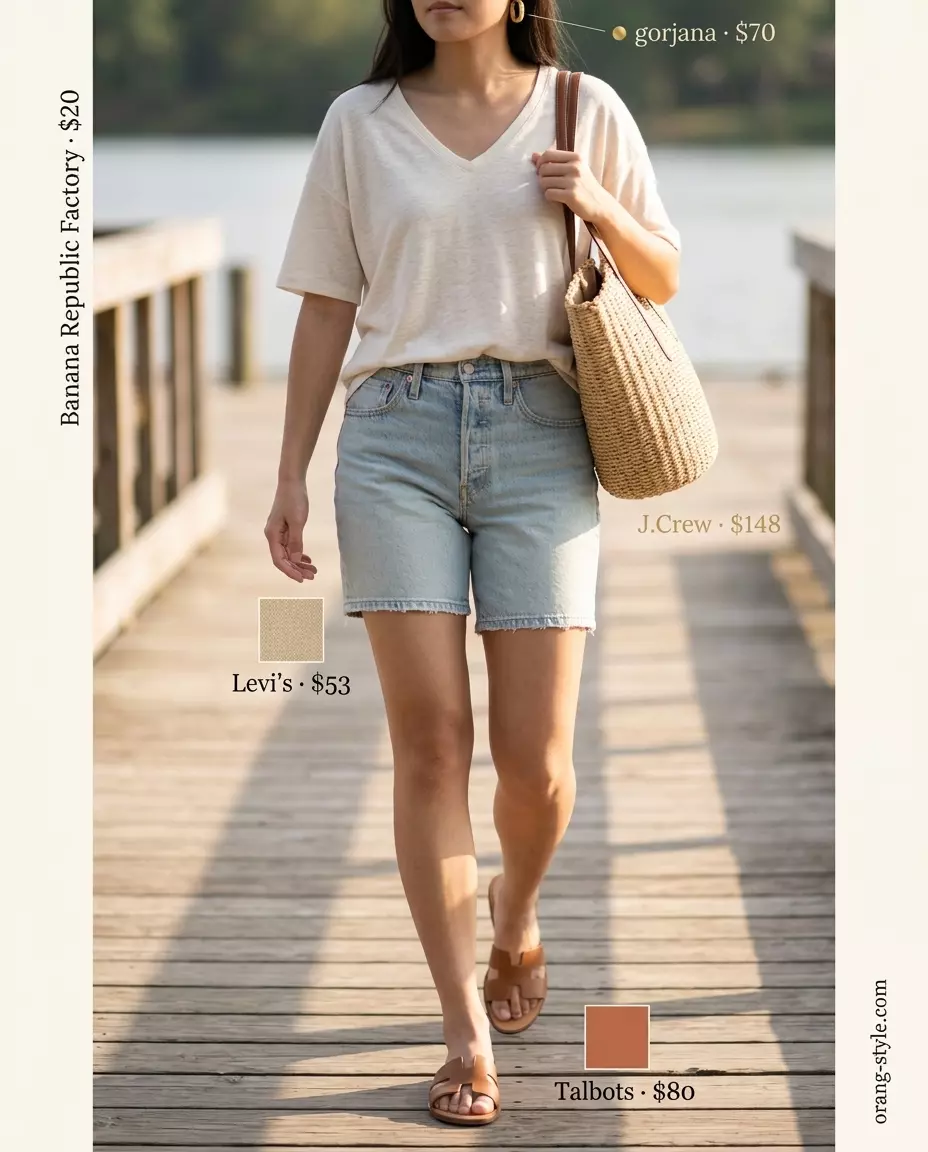 Casual summer v-neck outfits women 2026: Cream v-neck tee with denim shorts for a day out.
