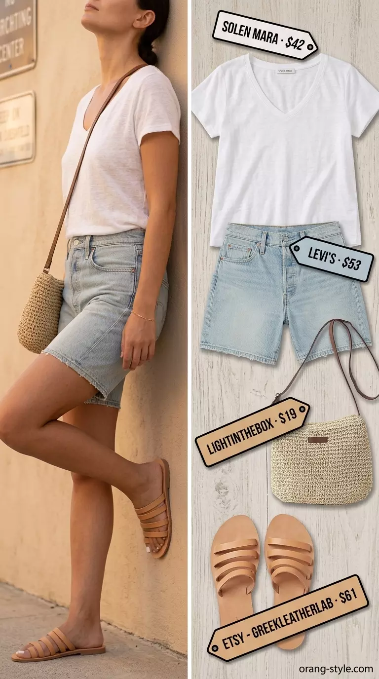 Relaxed summer v-neck t-shirt outfit for women 2026: White linen tee, denim shorts, tan slides, straw bag.