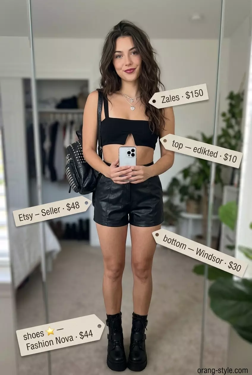 Edgy summer v-neck outfits women 2026: Black crop top with faux leather shorts and combat boots.