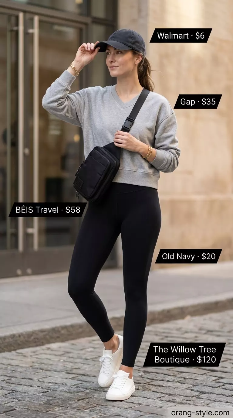 Comfortable summer v-neck sweatshirt outfit for women 2026: Grey sweatshirt, black leggings, white sneakers, cap.