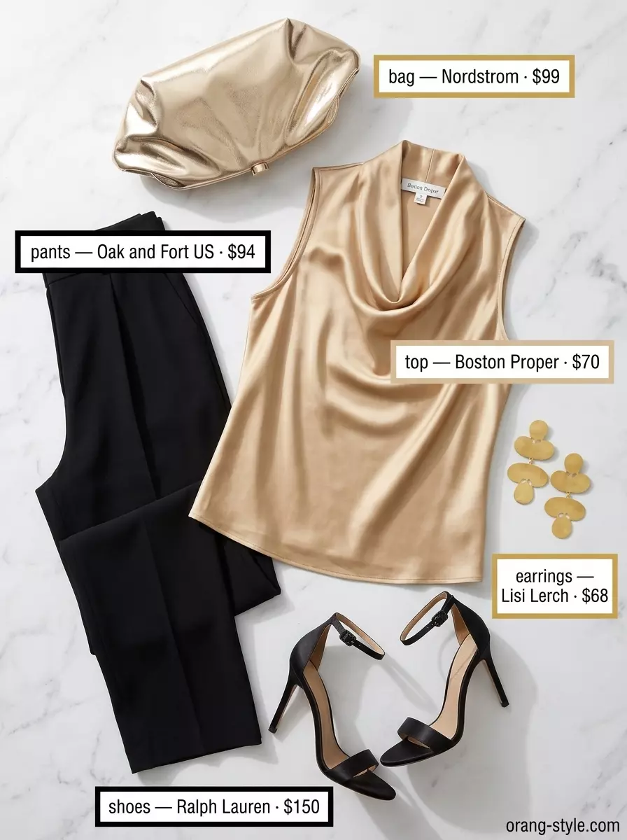 Elegant evening outfit: champagne satin v-neck blouse, black trousers, gold heels. Summer v-neck outfits women 2026.