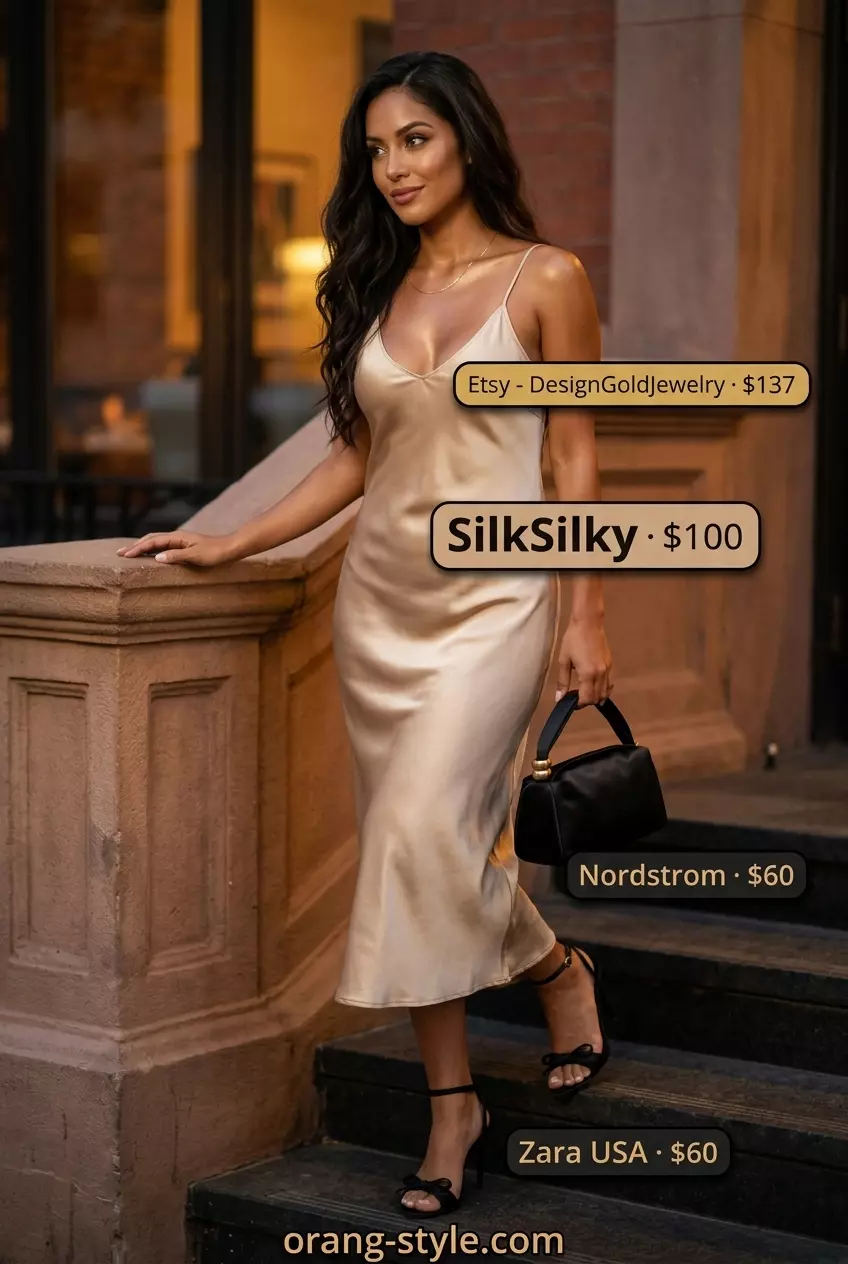 Elegant summer v-neck slip dress outfit for women 2026: Champagne dress, gold necklaces, black strappy heels.