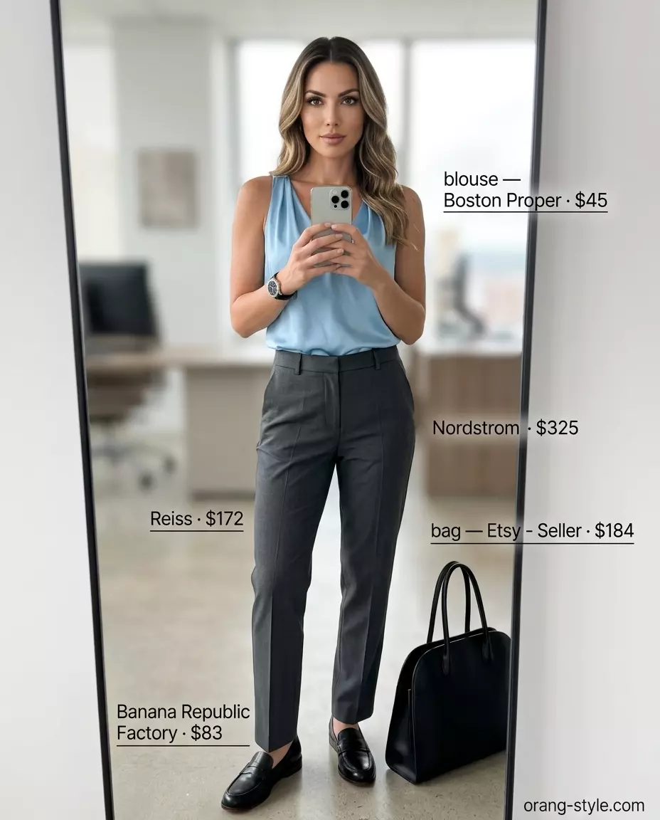 Modern office outfit: light blue v-neck blouse, grey trousers, leather loafers. Summer v-neck outfits women 2026.