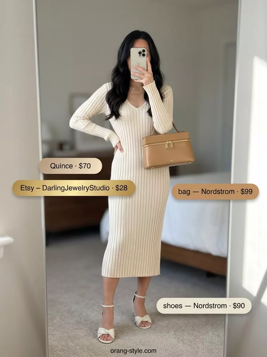 Chic summer v-neck outfits women 2026: Beige knit dress with strappy heels for a summer event.