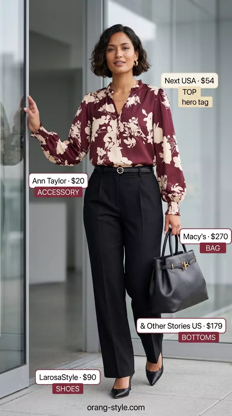 Office summer v-neck outfits women 2026: Muted floral blouse with black trousers for work.
