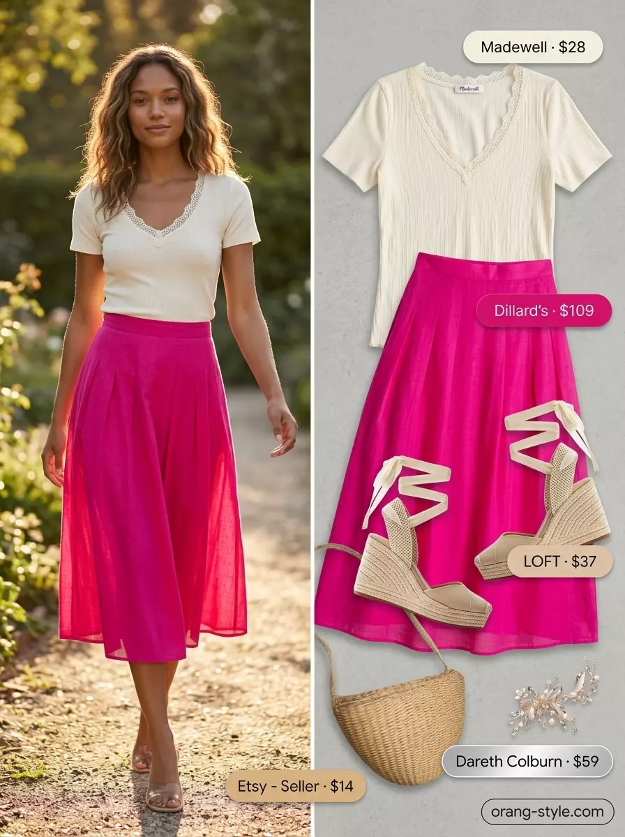 Romantic summer v-neck outfits women 2026: Blush pink skirt with ivory lace top for wedding guest.