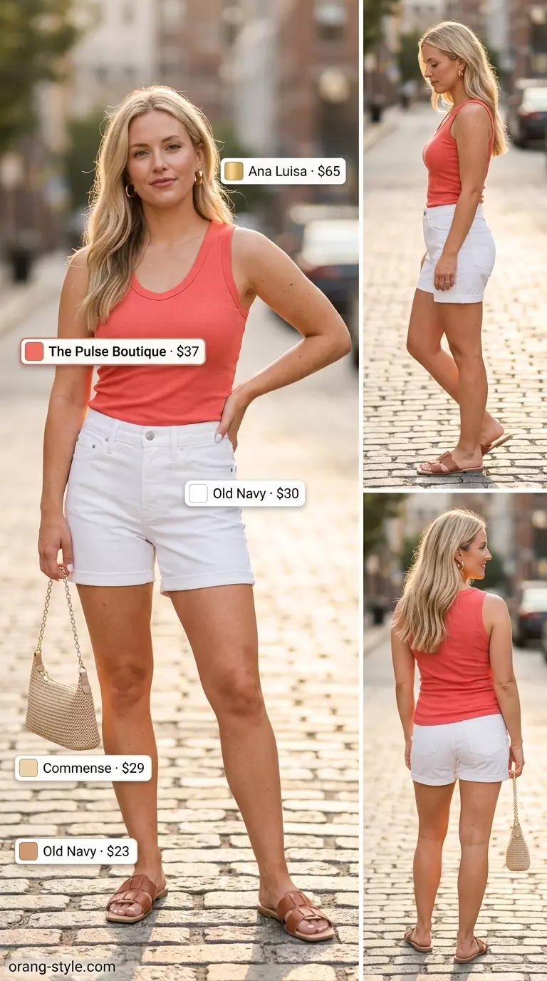 Vibrant summer v-neck outfits women 2026: Coral tank top with denim shorts for evening out.