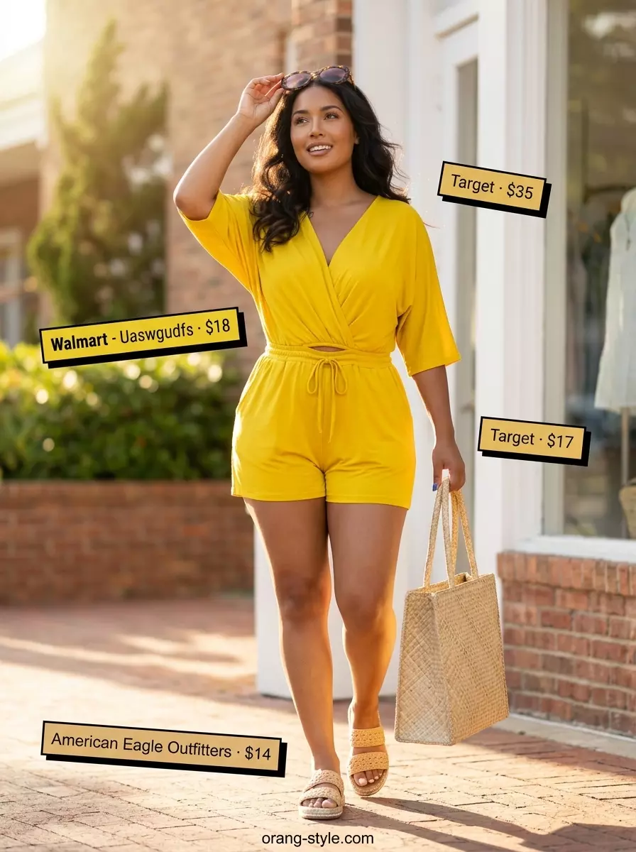 Playful summer v-neck romper outfit for women 2026: Bright yellow, white espadrilles, straw tote, sunglasses.