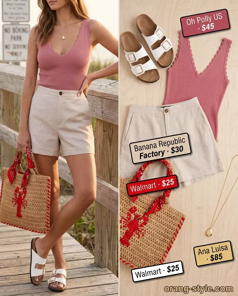 Weekend brunch outfit: blush pink v-neck tank, linen shorts, straw tote. Summer v-neck outfits women 2026.