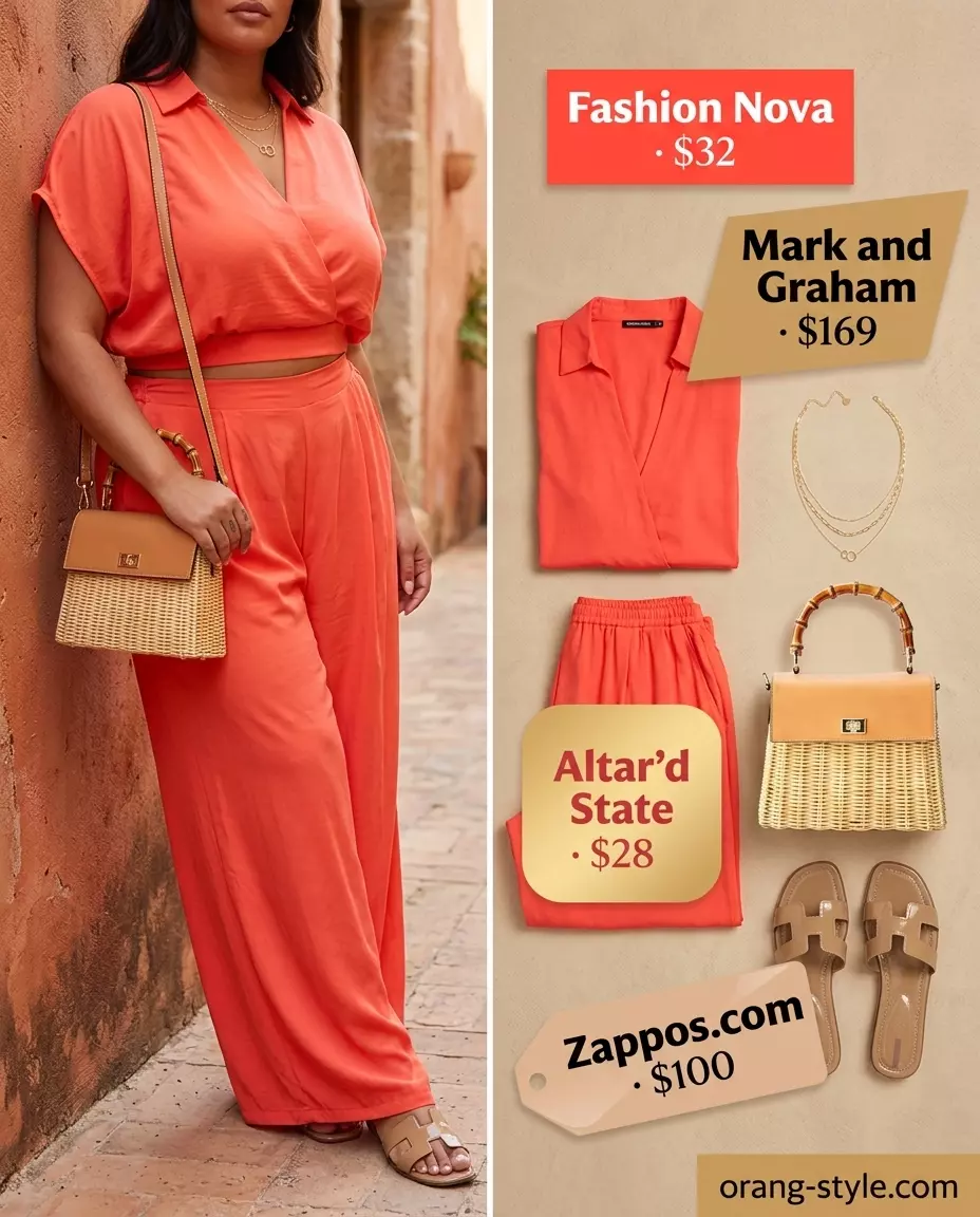 Relaxed summer v-neck set outfit for women 2026: Coral crop top, wide-leg pants, beige slides, gold necklaces.