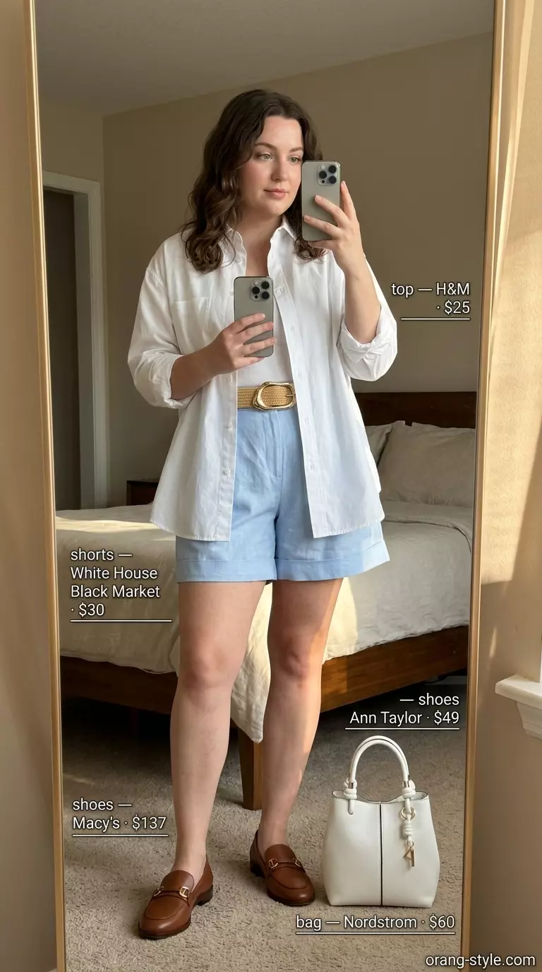 Pale blue Bermuda shorts set with tan loafers and white shirt for summer vacation outfits for women 2026.