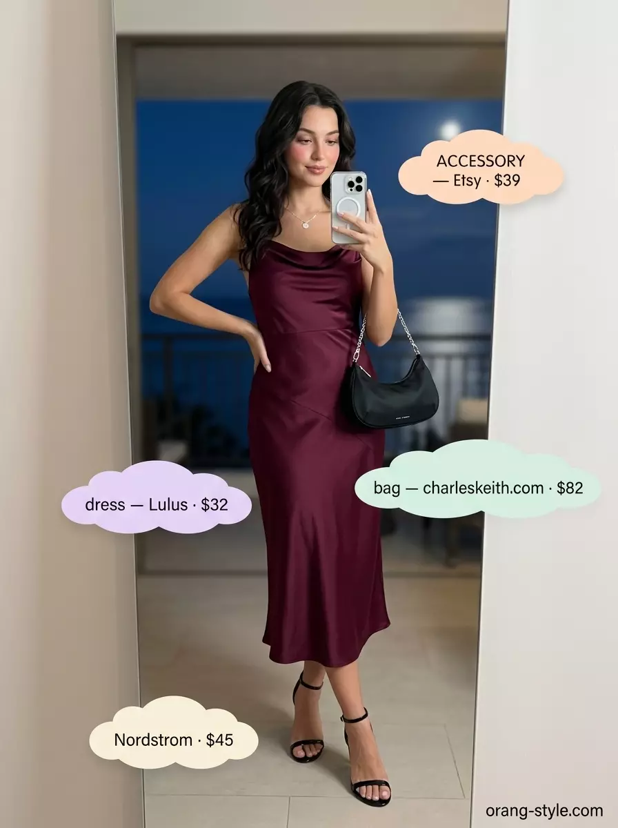 Summer vacation outfits for women 2026: Burgundy slip dress, black heels, silver necklace, chain bag for elegant evenings.
