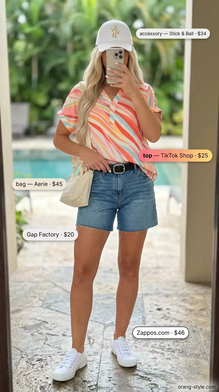 Denim shorts with teal blouse, white sneakers, and canvas bag for summer vacation outfits for women 2026.