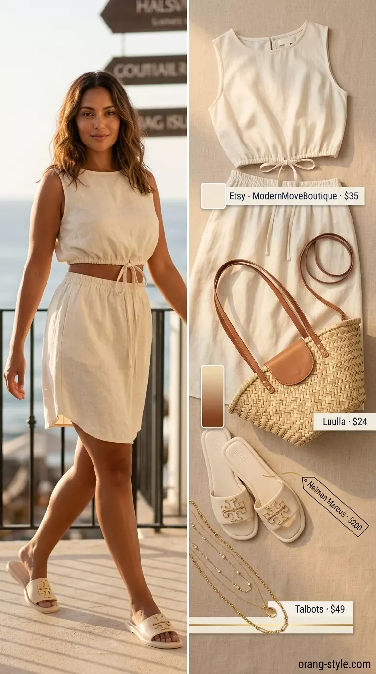 Cream linen set with flat sandals and straw tote for summer vacation outfits for women 2026.