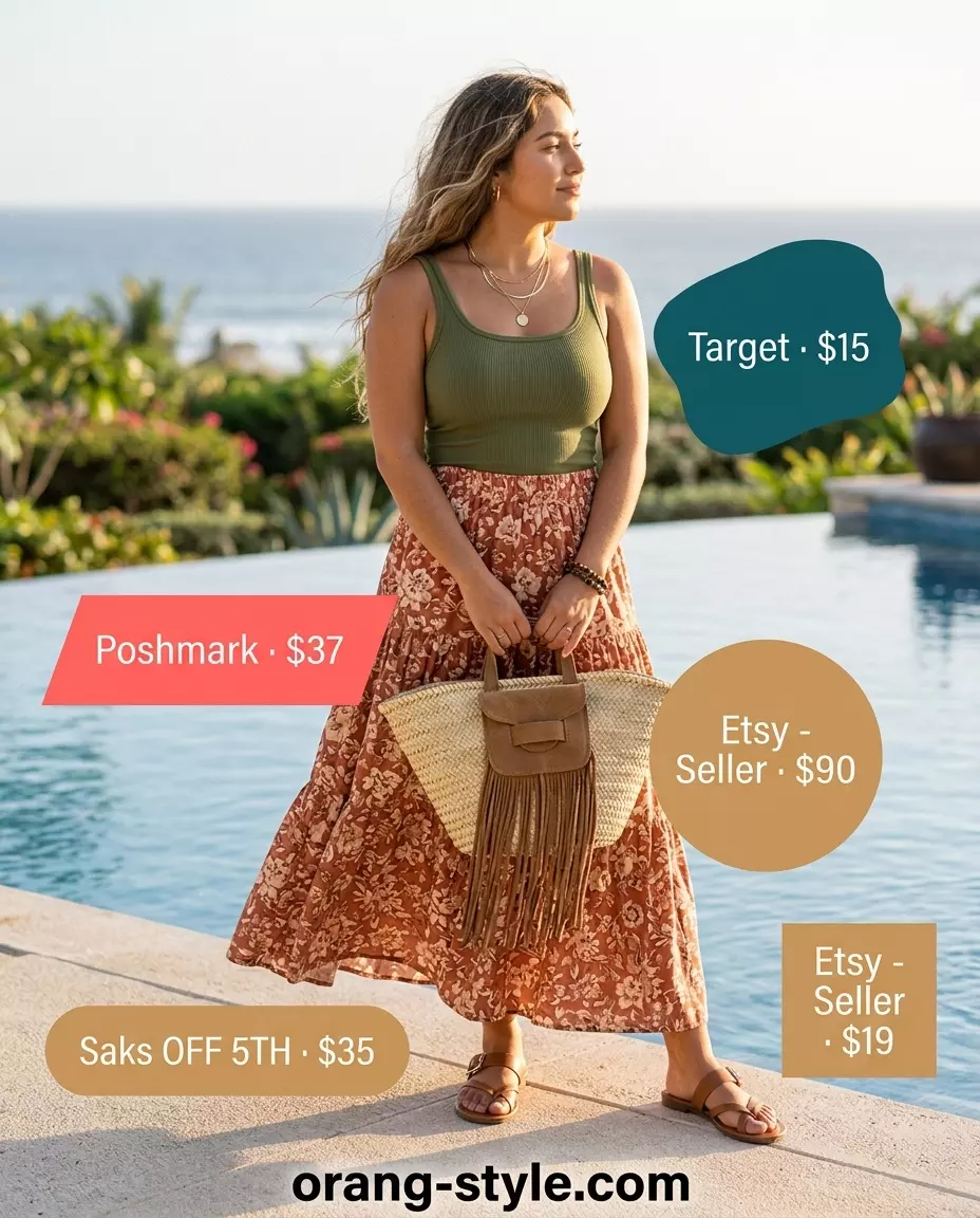 Summer vacation outfits for women 2026: Terracotta maxi skirt, cream tank, leather sandals, woven bag for bohemian style.