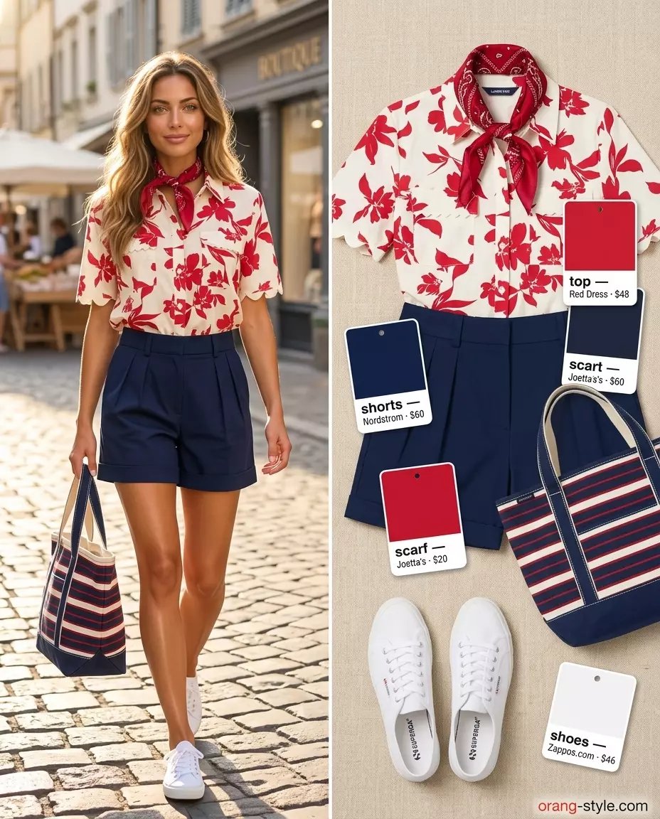 Summer vacation outfits for women 2026: Navy shorts, floral blouse, red bandana, white sneakers for island exploration.