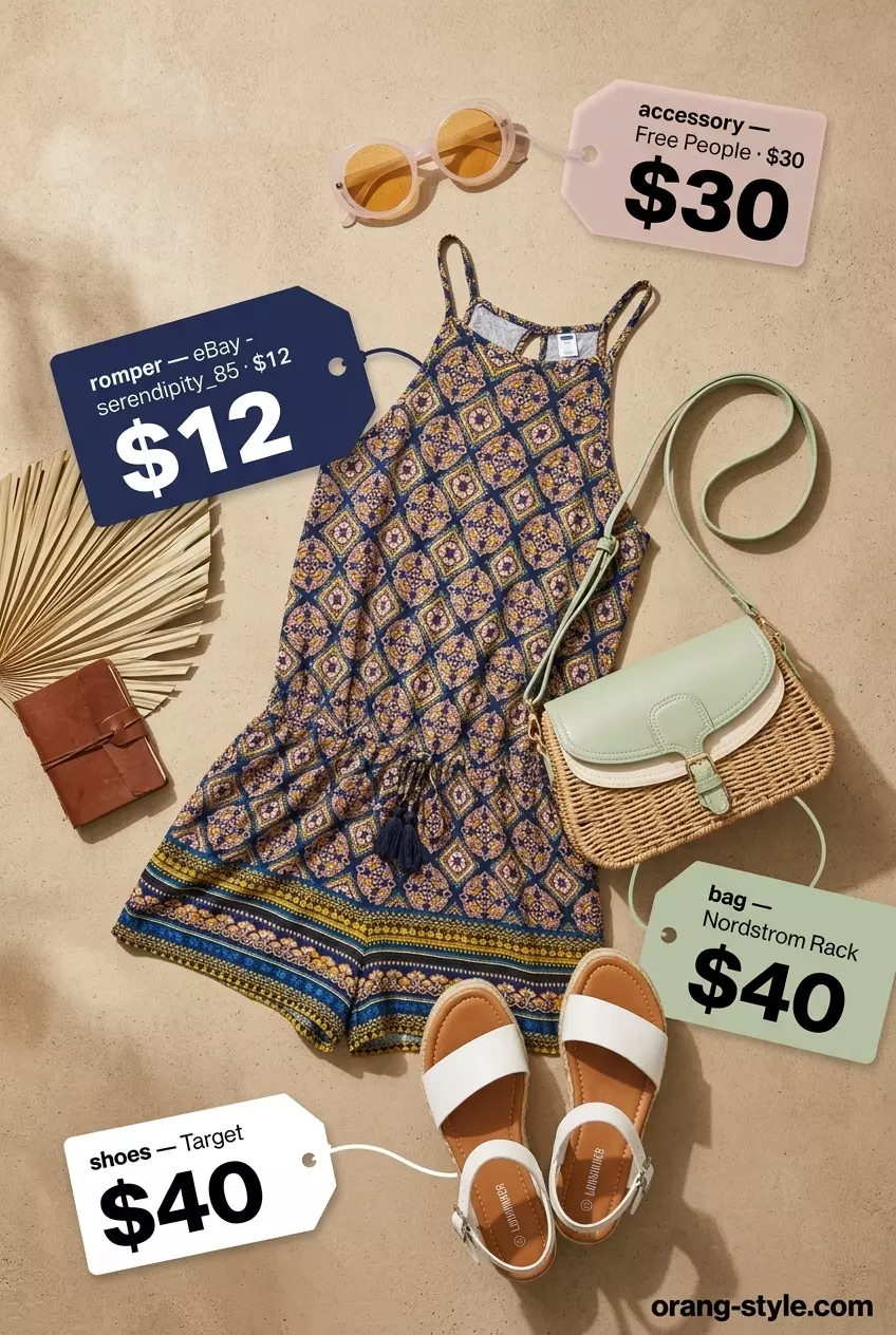 Summer vacation outfits for women 2026: Yellow geometric print romper, white sunglasses, straw crossbody, espadrille sandals.