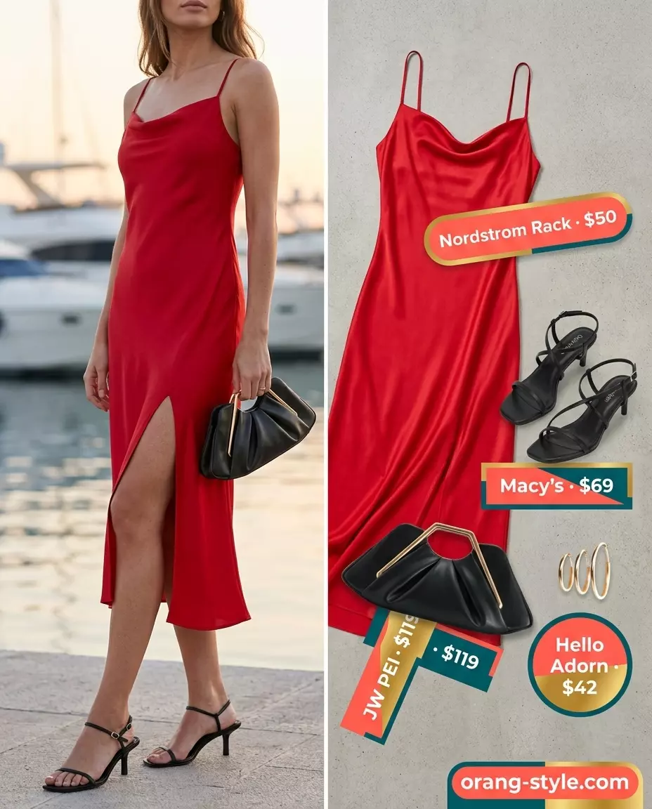Summer vacation outfits for women 2026: Red satin slip dress, black heels, gold earrings, clutch for evening cruise.