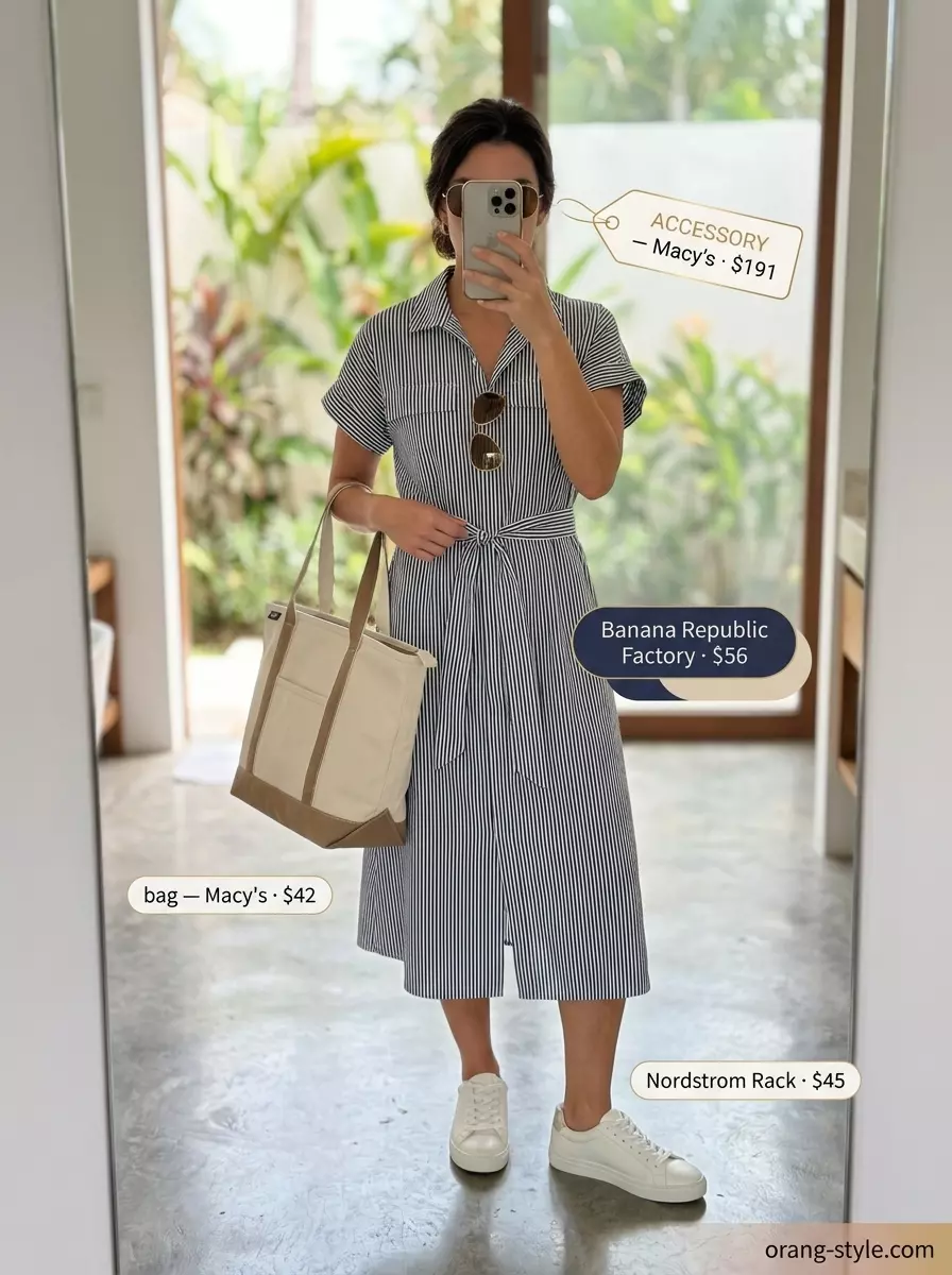 Navy and white striped shirtdress with white sneakers and straw tote for summer vacation outfits for women 2026.