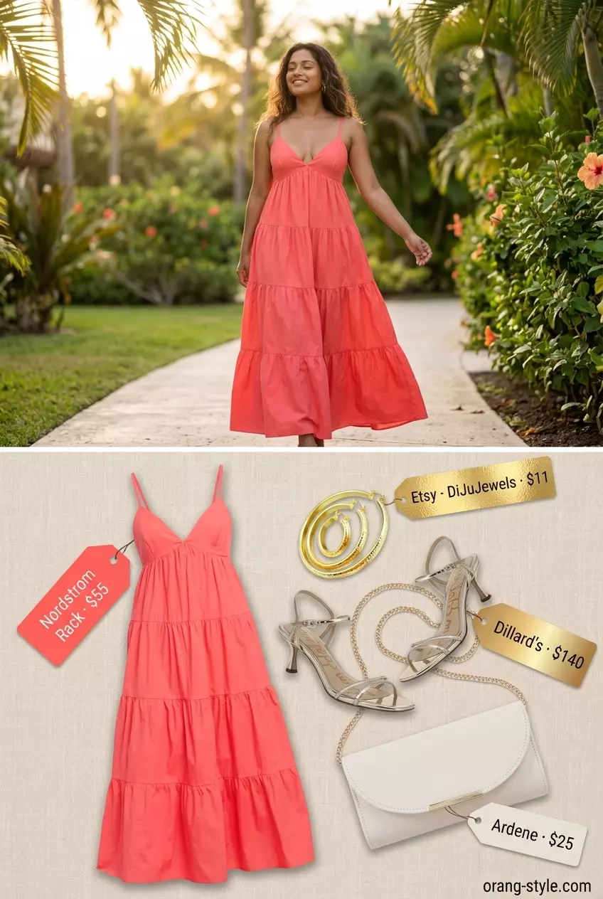 Coral maxi dress with gold sandals and white clutch for summer vacation outfits for women 2026.