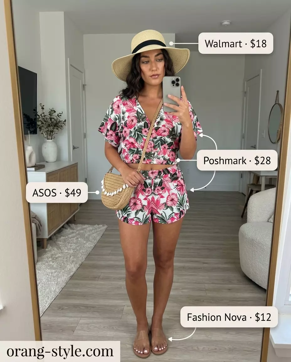 Emerald green tropical print two-piece set with straw hat and embellished sandals for summer vacation outfits for women 2026.