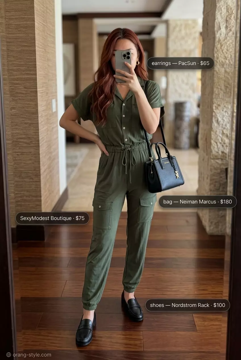 Olive green utility jumpsuit with black loafers and gold hoops for summer vacation outfits for women 2026.