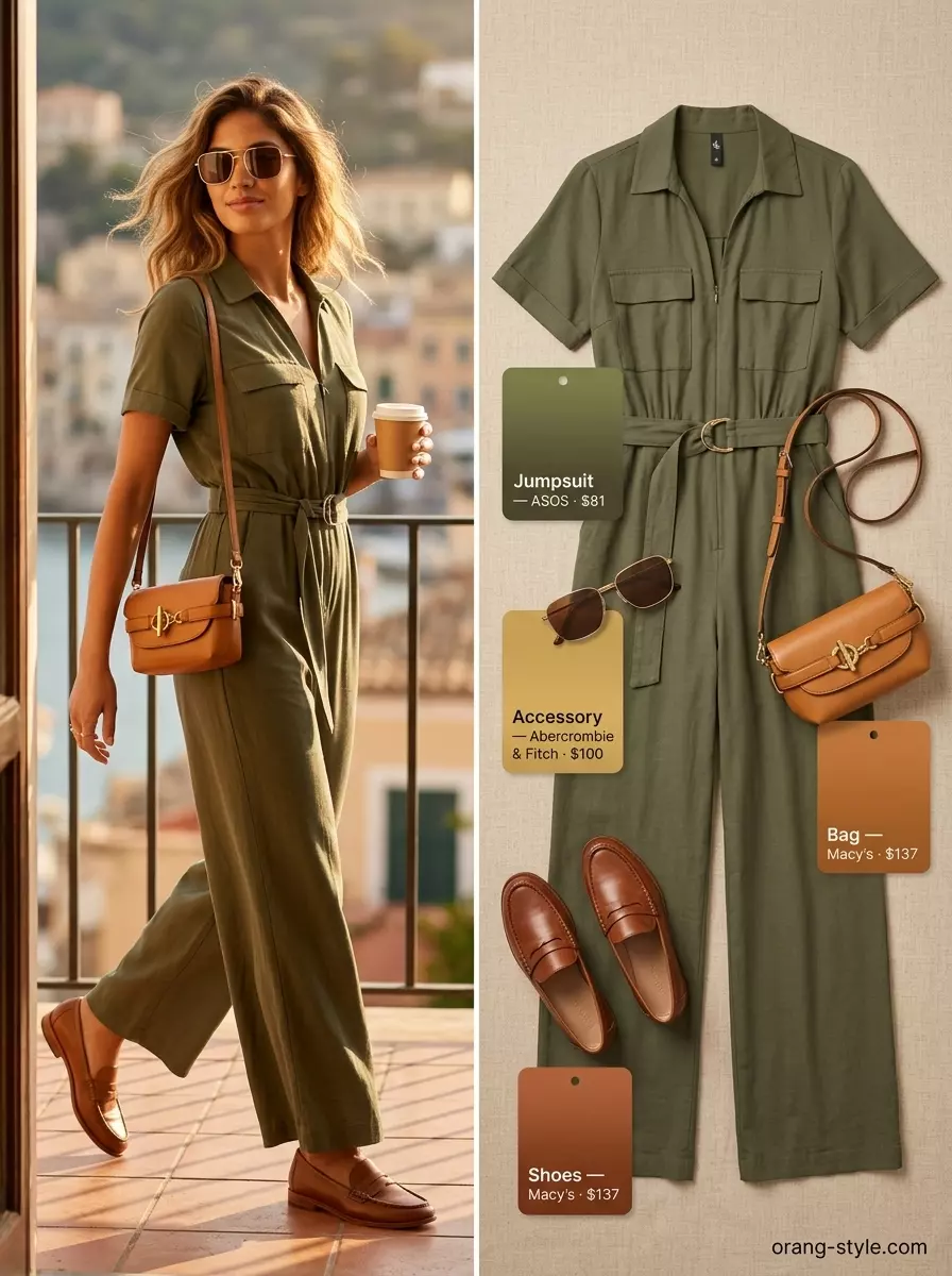 Olive green utility jumpsuit with tan loafers and gold aviators for summer vacation outfits for women 2026.