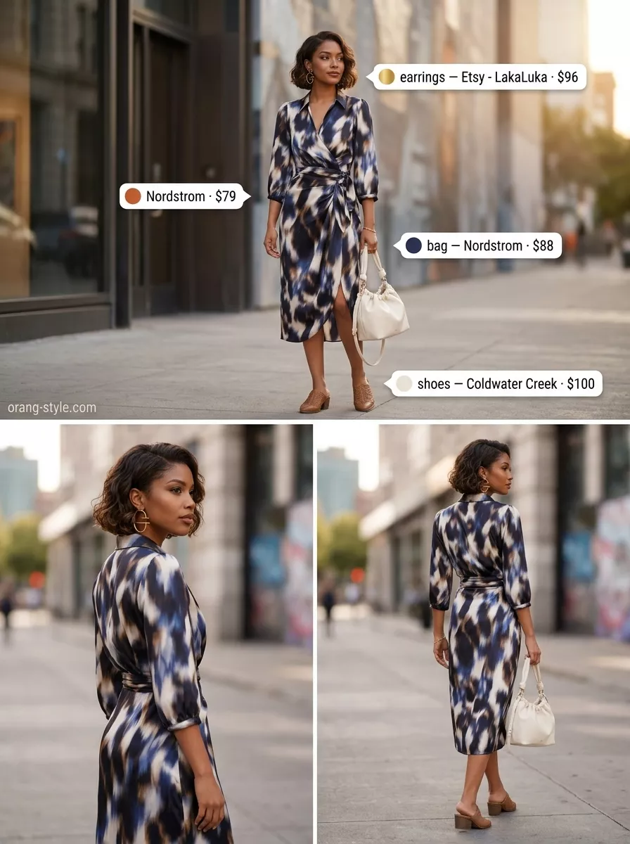 Artistic Expression: Summer Wrap Dresses 2026 Artistic abstract print midi wrap dress for city strolls 2026, with tan mules and gold hoops.