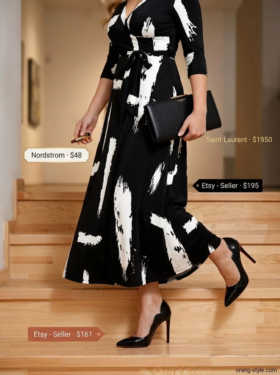 Artistic Flair: Summer Wrap Dresses 2026 Sophisticated black abstract print maxi wrap dress for art gallery openings 2026, with black heels.
