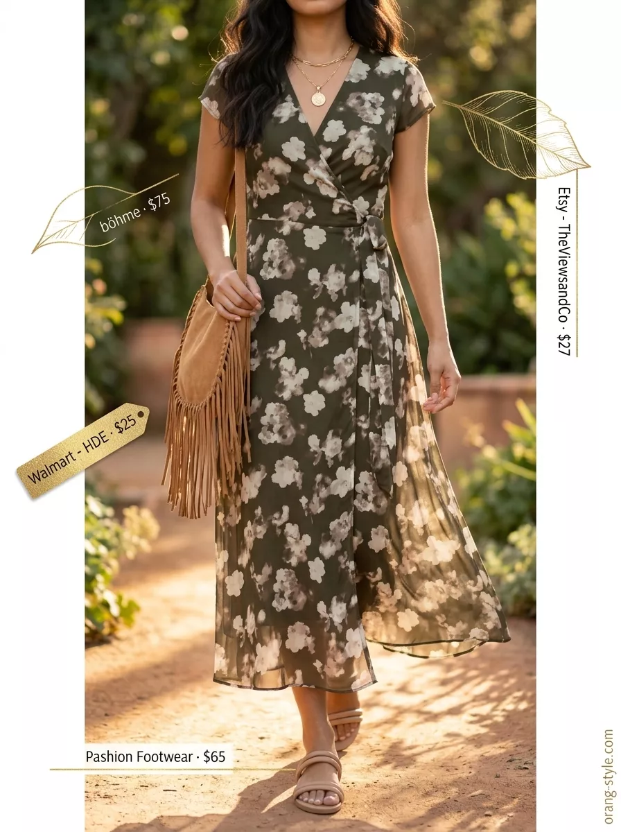 Summer Wrap Dresses 2026: Bohemian Sunset Soiree Terracotta floral maxi wrap dress for summer 2026, perfect for festivals & boho events. Styled with sandals & fringe bag.