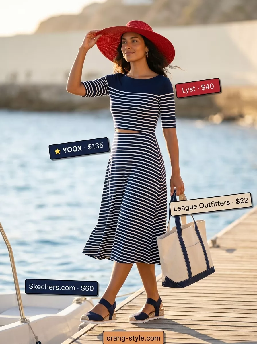 Nautical navy and white striped midi wrap dress for a coastal lunch.