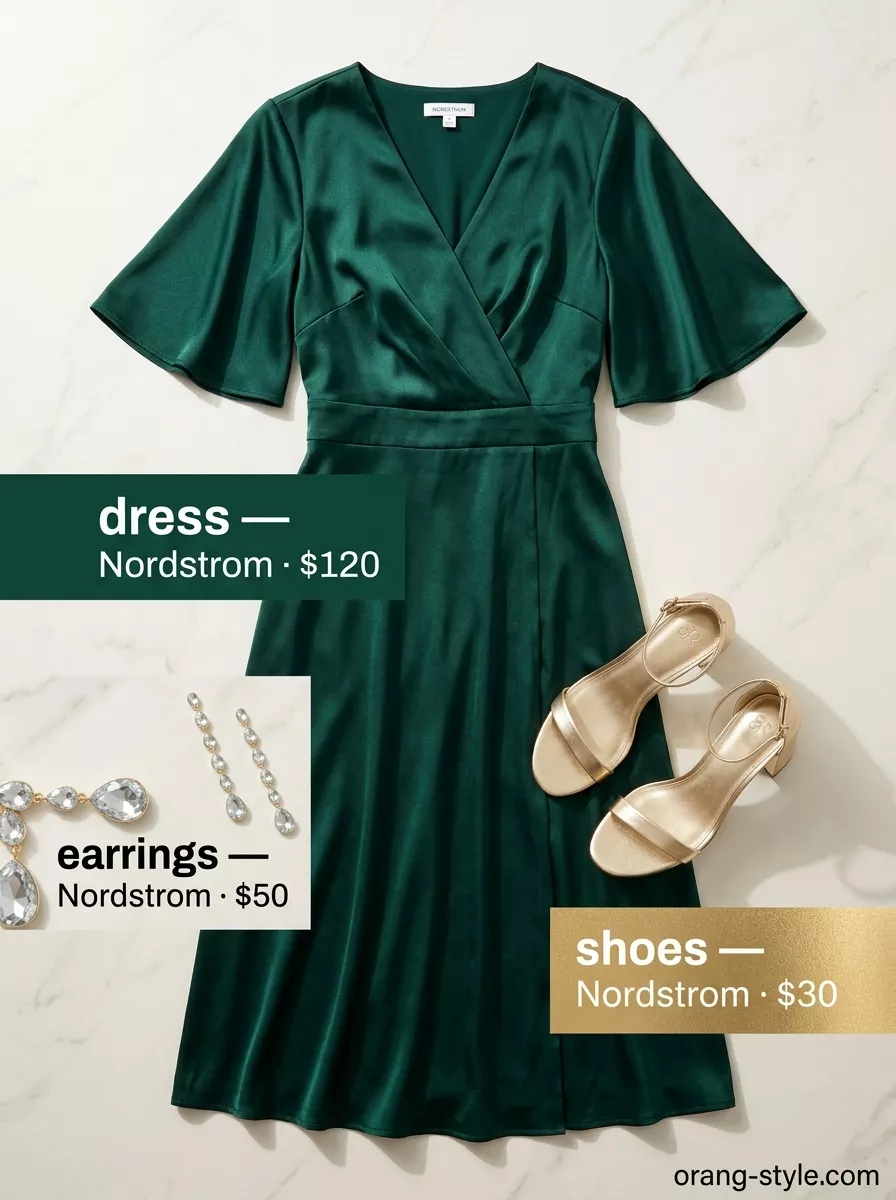Emerald Elegance: Summer Wrap Dresses 2026 Elegant emerald green maxi wrap dress for summer weddings 2026, with gold heels and clutch.