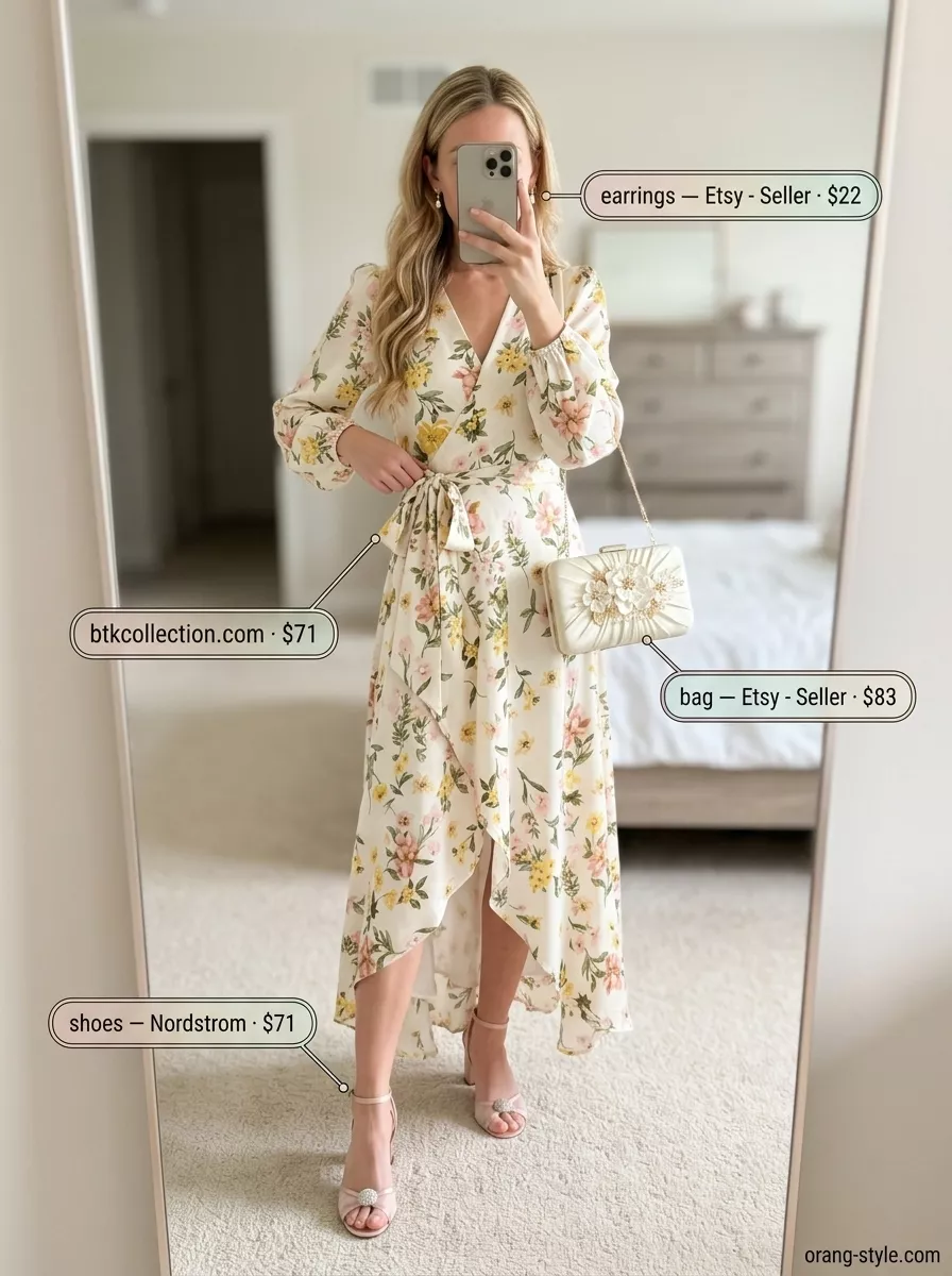 Summer Wrap Dresses 2026: Enchanted Garden Wedding Blush pink floral chiffon maxi wrap dress for summer 2026, perfect for garden weddings & formal parties. Styled with heels & pearl earrings.