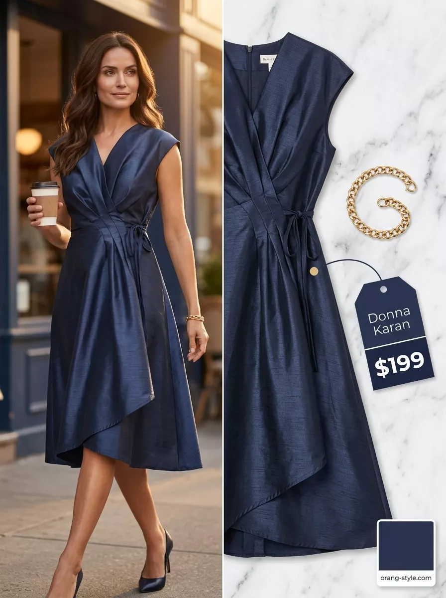 Urban Chic: Summer Wrap Dresses 2026 Professional navy wrap dress for office wear 2026, styled for business lunch.