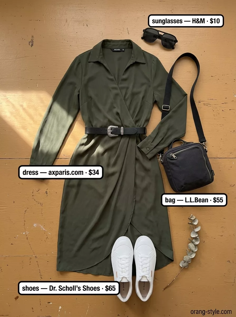 Effortless Style: Summer Wrap Dresses 2026 Casual olive green midi wrap dress for weekend errands 2026, with white sneakers and black crossbody bag.