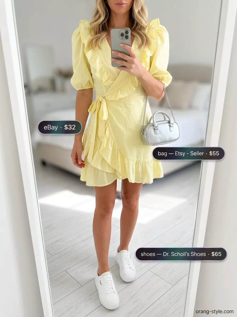 Summer Wrap Dresses 2026: Zesty Garden Party Lemon yellow mini wrap dress for summer 2026, perfect for garden parties & casual outings. Styled with white sneakers & silver bag.