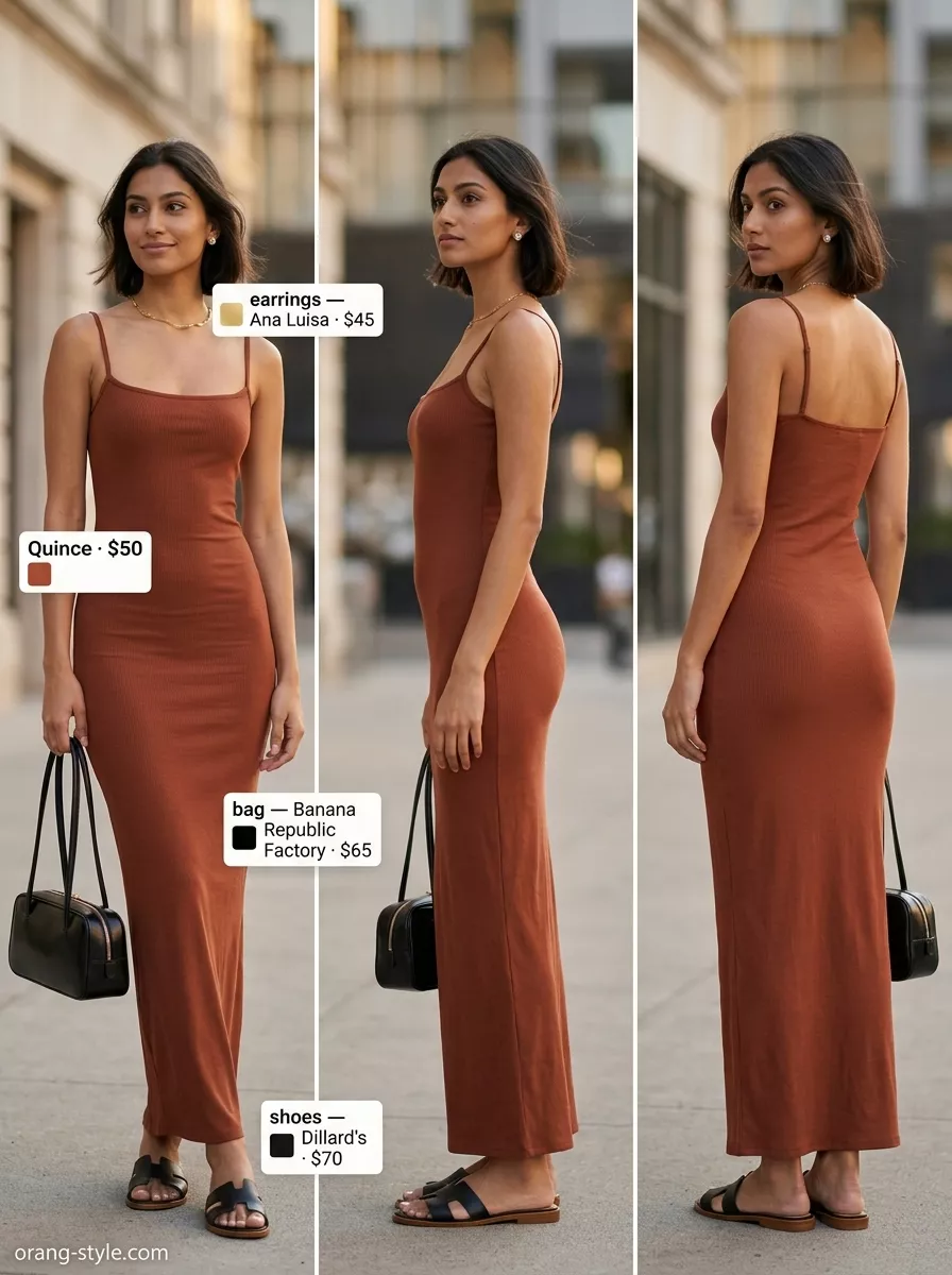 Summer Wrap Sleeveless Dresses 2026: Minimalist Style Beige ribbed knit sleeveless wrap maxi dress with black slides and shoulder bag for a minimalist gallery visit.