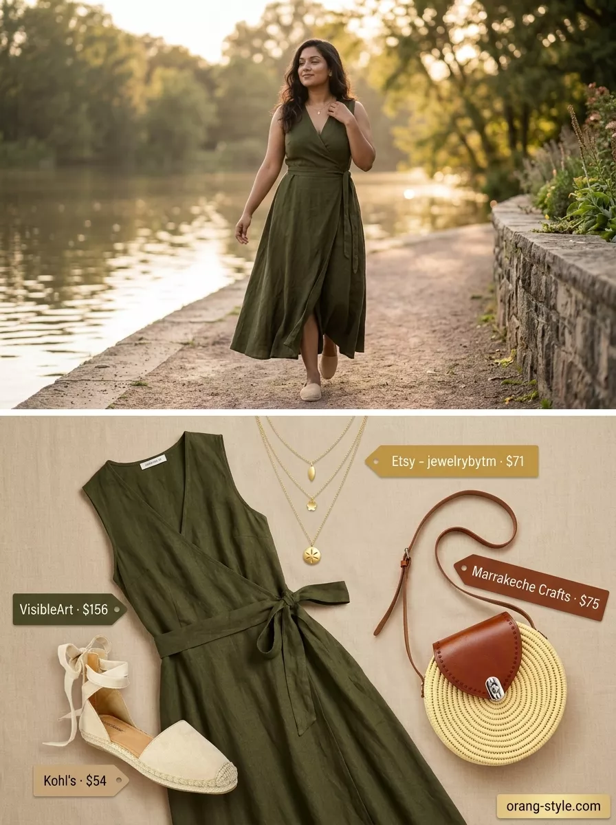 Boho Beach Wrap Dress 2026 Boho beach club: olive green maxi wrap dress, straw crossbody, layered gold necklaces, and espadrilles.