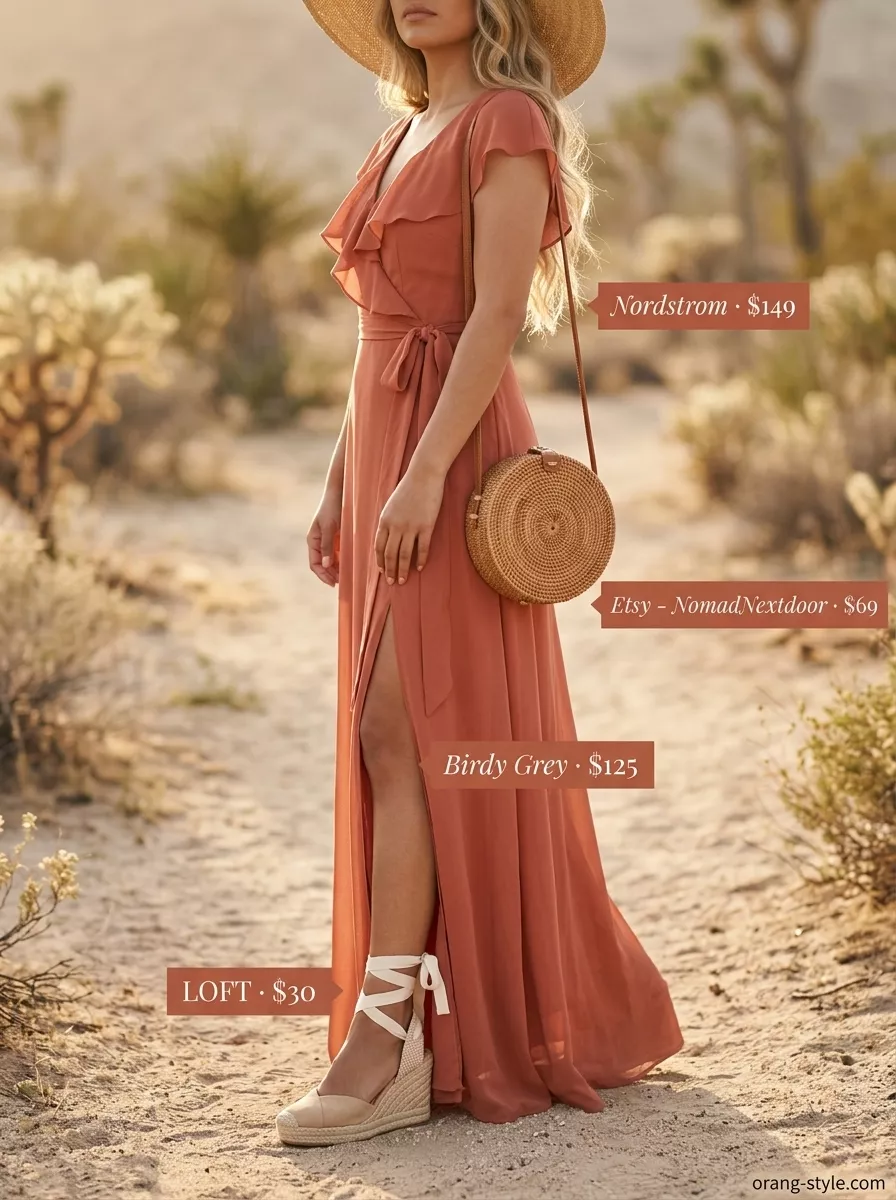 Vacation Wrap Dress 2026 Terracotta cotton poplin maxi wrap dress for vacation 2026. Bohemian outfit with espadrilles and straw hat.