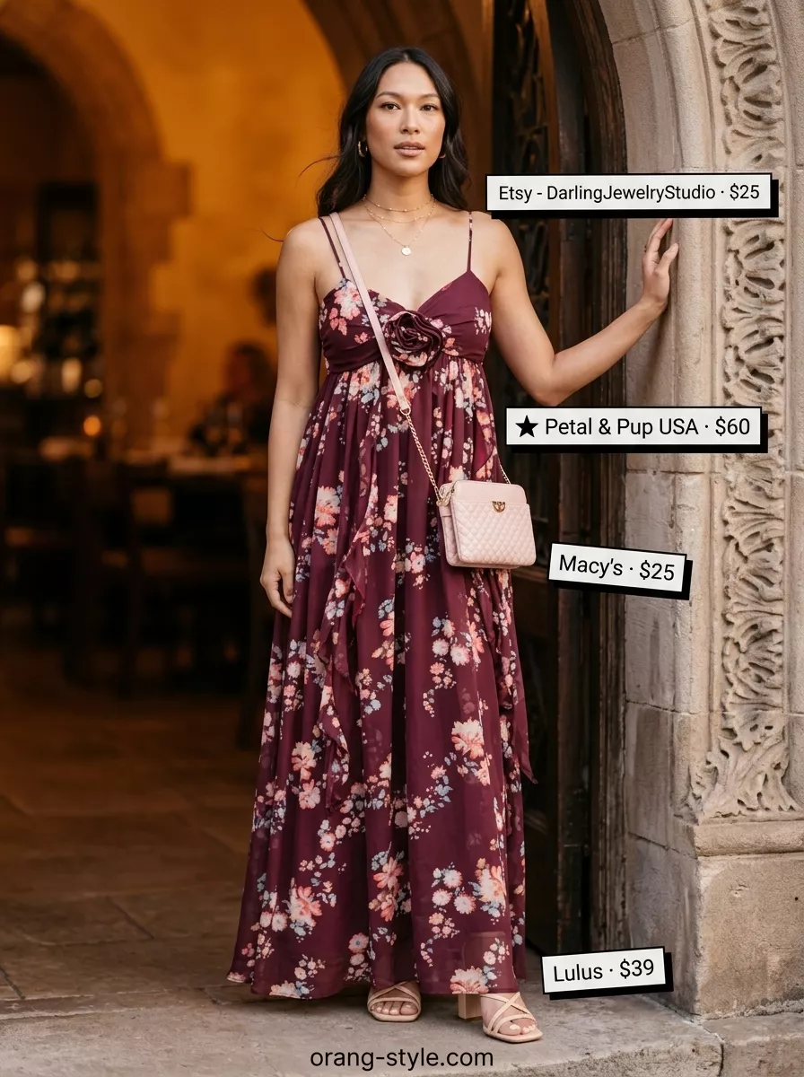 Summer Date Night Wrap Dress 2026 Deep Berry floral maxi wrap dress for summer date night 2026. Romantic outfit with nude heels and gold necklaces.