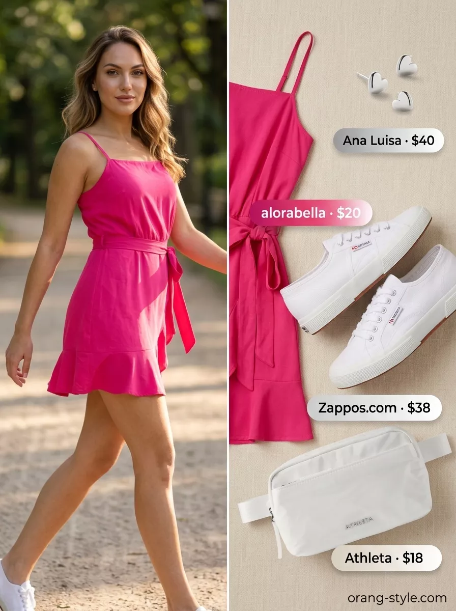 Summer Wrap Sleeveless Dresses 2026: Playful Picnic Fuchsia pink pique knit sleeveless wrap mini dress with white sneakers and silver stud earrings for a picnic.