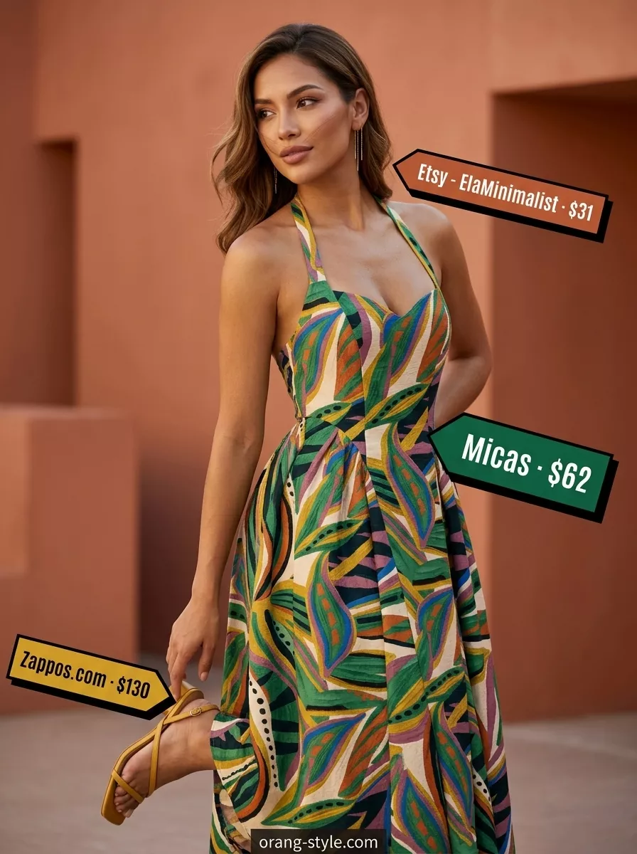 Art Gallery Wrap Dress 2026 Terracotta & Cream abstract maxi wrap dress for art gallery opening 2026. Sophisticated outfit with block heels and clutch.