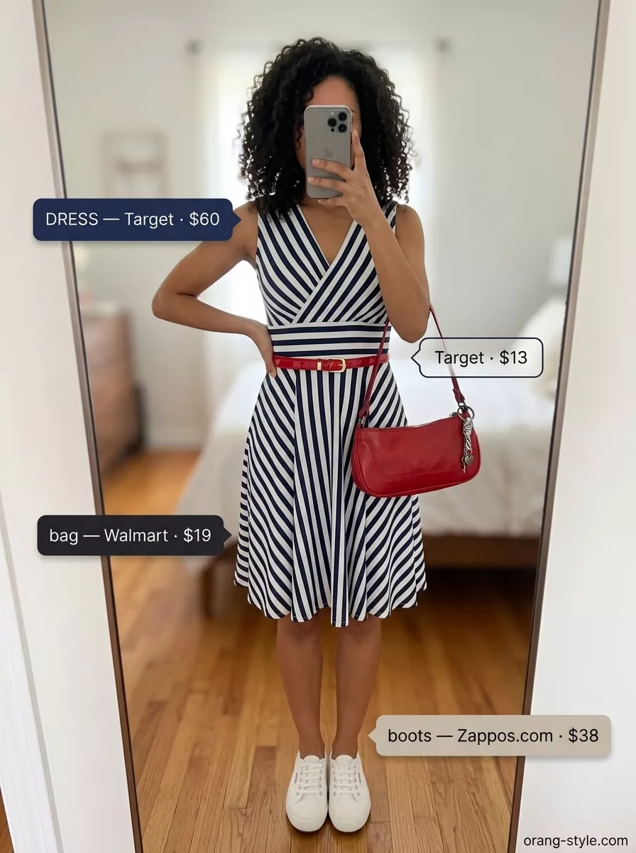 Summer Brunch Wrap Dress 2026 Navy and White striped mini wrap dress for summer brunch 2026. Playful outfit with sneakers and red crossbody bag.
